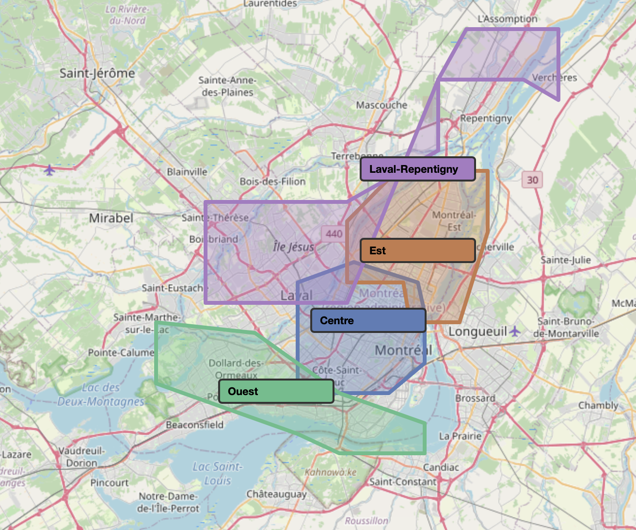 Carte stylisée du Grand Montréal avec les secteurs colorés